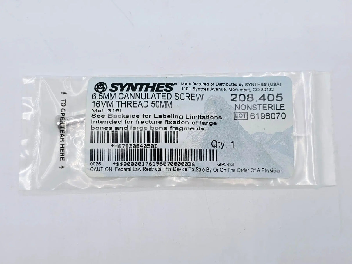 Synthes 208.405 6.5mm Cannulated Screw 16mm Thread 50mm Synthes