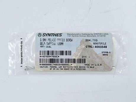 Synthes 204.705 3.5mm Pelvic Cortex Screw Self-Tapping 105mm Synthes