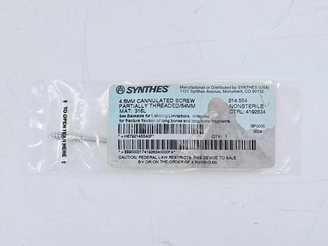 Synthes 214.554 4.5mm Cannulated Screw Partially Threaded/54mm Synthes