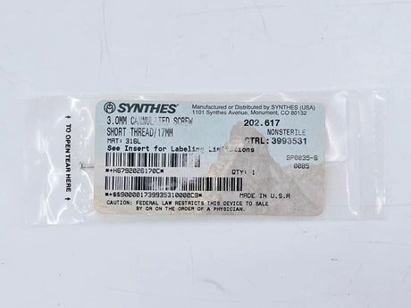 Synthes 202.617 3.0mm Cannulated Screw Short Thread/17mm Synthes