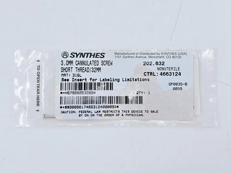 Synthes 202.632 3.0mm Cannulated Screw Short Thread/32mm Synthes