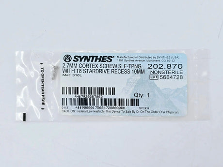 Synthes 202.870 2.7mm Cortex Screw Self-Tapping w/ T8 Stardrive Recess 10mm Synthes