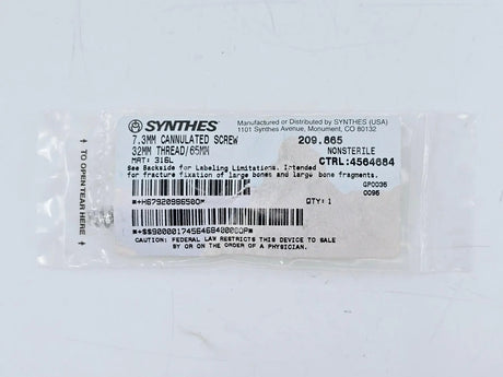 Synthes 209.865 7.3mm Cannulated Screw 32mm Thread/65mm Synthes
