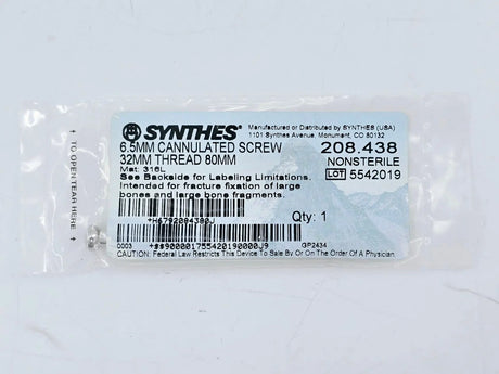 Synthes 208.438 6.5mm Cannulated Screw 32mm Thread 80mm Synthes