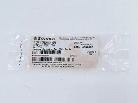 Synthes 292.06 0.6mm Kirschner Wire w/ Trocar Point 70mm Pack of 10 Synthes