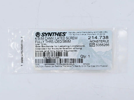 Synthes 214.738 4.5mm Cannulated Screw Fully Threaded/38mm Synthes