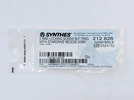 Synthes 212.826 2.4mm Locking Screw Self-Tapping w/ Stardrive Recess 26mm Synthes
