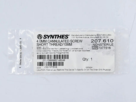 Synthes 207.610 4.0mm Cannulated Screw Short Thread/10mm Synthes