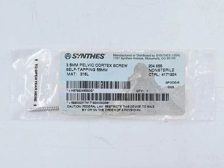 Synthes 204.655 3.5mm Pelvic Cortex Screw Self-Tapping 55mm Synthes