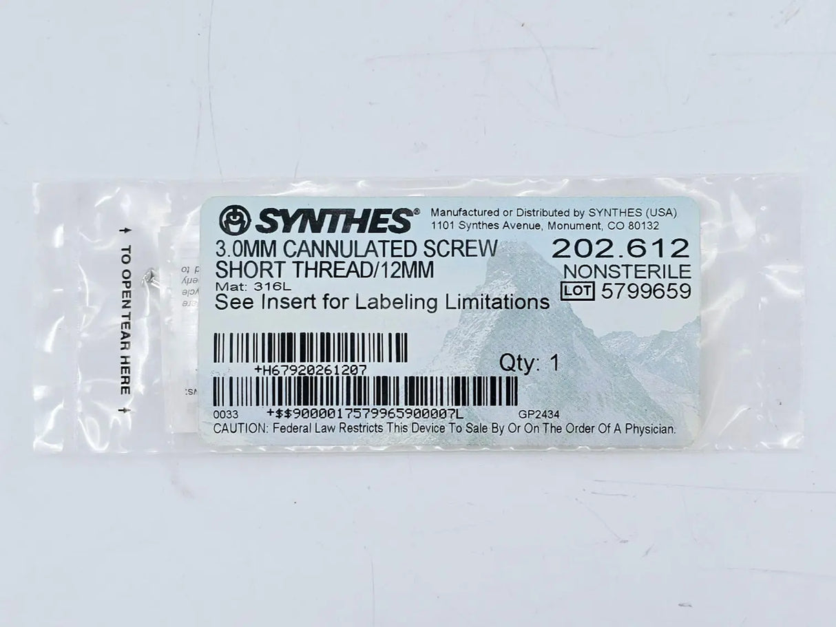 Synthes 202.612 3.0mm Cannulated Screw Short Thread/12mm Synthes