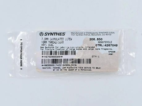Synthes 208.850 7.3mm Cannulated Screw 16mm Thread/50mm Synthes
