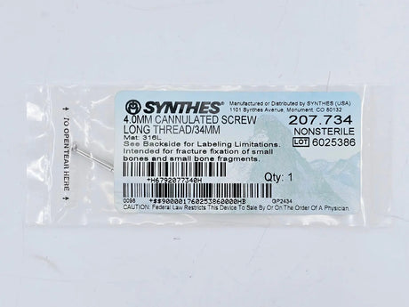 Synthes 207.734 4.0mm Cannulated Screw Long Thread/34mm Synthes