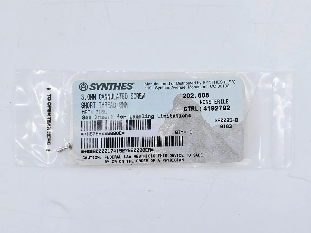 Synthes 202.608 3.0mm Cannulated Screw Short Thread/8mm Synthes