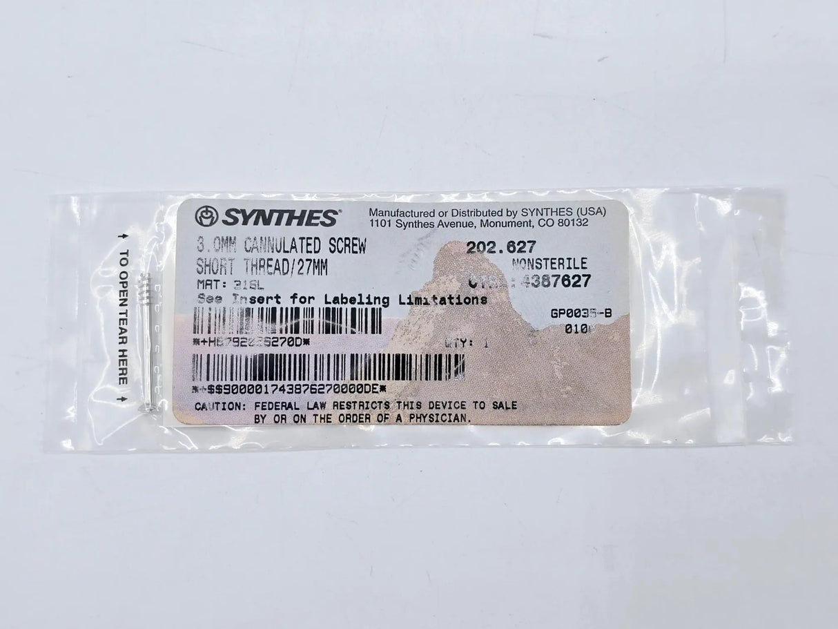 Synthes 202.627 3.0mm Cannulated Screw Short Thread/27mm Synthes