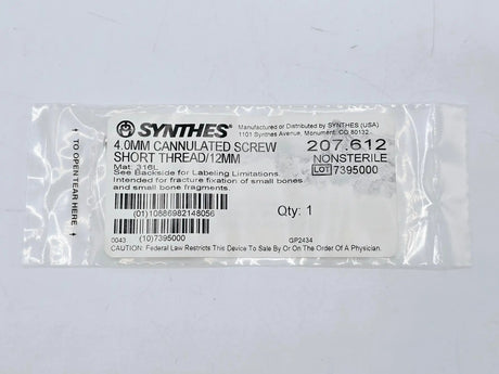 Synthes 207.612 4.0mm Cannulated Screw Short Thread/12mm Synthes