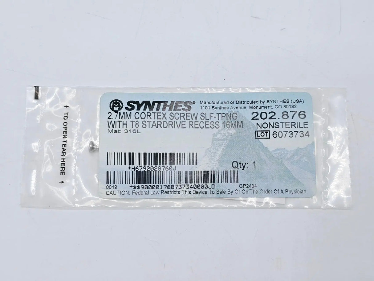 Synthes 202.876 2.7mm Cortex Screw Self-Tapping with T8 Stardrive Recess 16mm Synthes