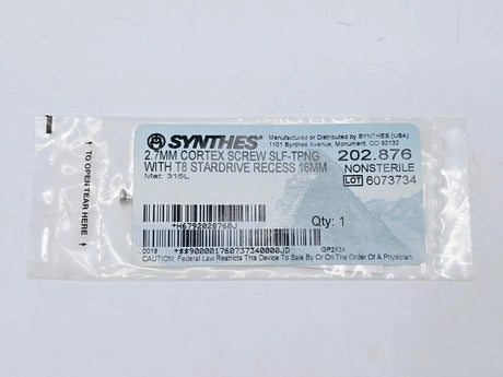 Synthes 202.876 2.7mm Cortex Screw Self-Tapping with T8 Stardrive Recess 16mm Synthes