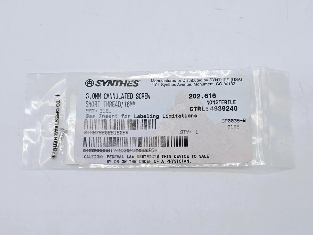 Synthes 202.616 3.0mm Cannulated Screw Short Thread/16mm Synthes