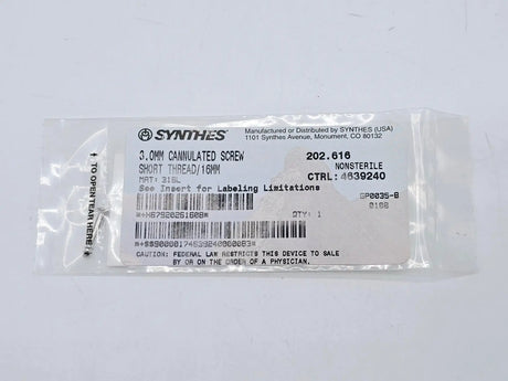 Synthes 202.616 3.0mm Cannulated Screw Short Thread/16mm Synthes