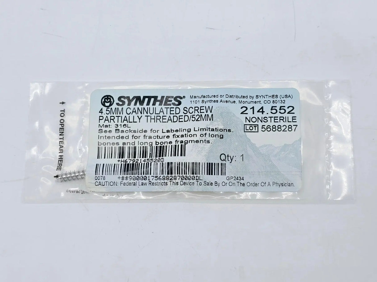 Synthes 214.552 4.5mm Cannulated Screw Partially Threaded/52mm Synthes