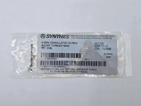 Synthes 207.619 4.0mm Cannulated Screw Short Thread/19mm Synthes