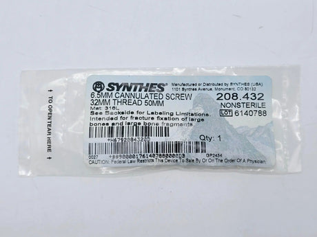 Synthes 208.432 6.5mm Cannulated Screw 32mm Thread 50mm Synthes