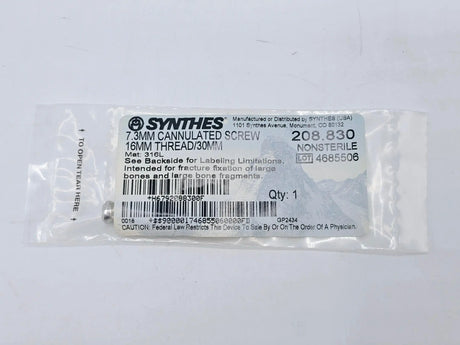 Synthes 208.830 7.3mm Cannulated Screw 16mm Thread/30mm Synthes