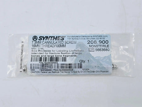 Synthes 208.900 7.3mm Cannulated Screw 16mm Thread/100mm Synthes
