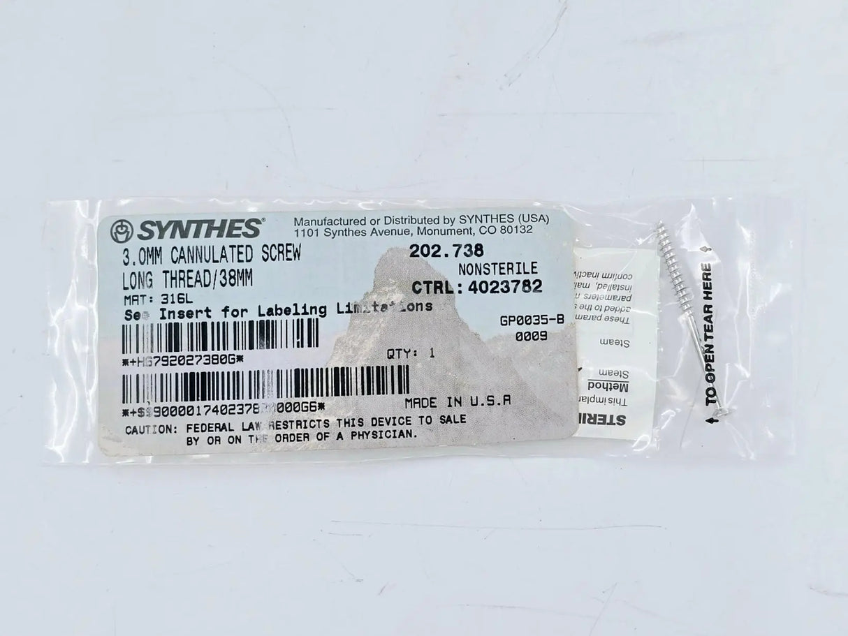 Synthes 202.738 3.0mm Cannulated Screw Long Thread/38mm Synthes