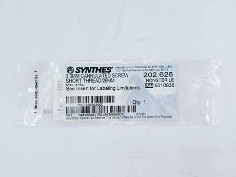 Synthes 202.626 3.0mm Cannulated Screw Short Thread/26mm Synthes