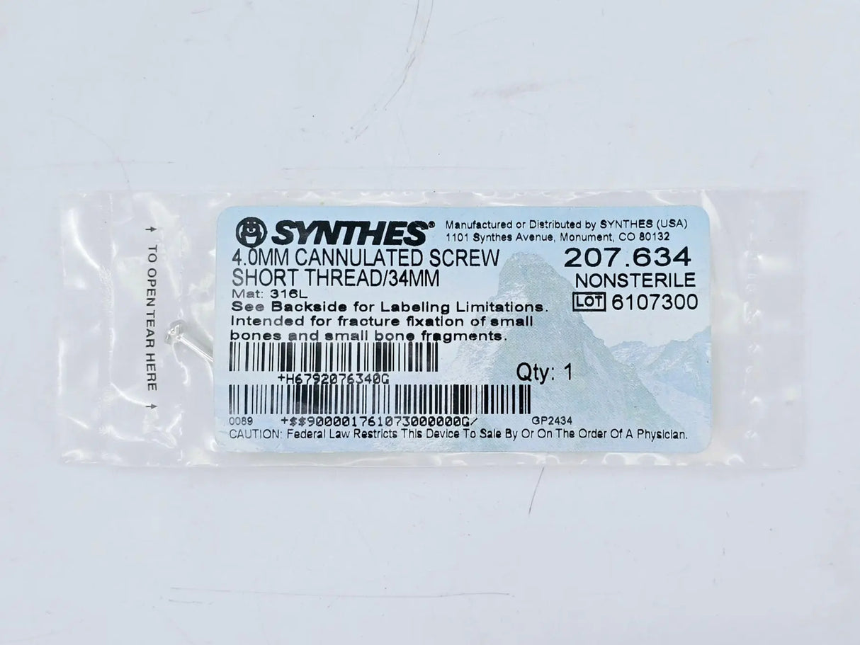 Synthes 207.634 4.0mm Cannulated Screw Short Thread/34mm Synthes