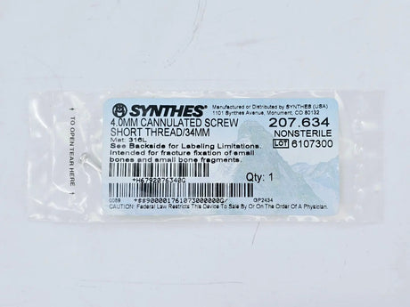 Synthes 207.634 4.0mm Cannulated Screw Short Thread/34mm Synthes