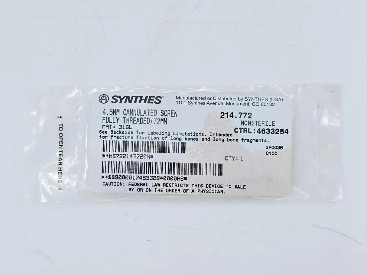 Synthes 214.772 4.5mm Cannulated Screw Fully Threaded/72mm Synthes
