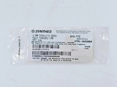 Synthes 214.772 4.5mm Cannulated Screw Fully Threaded/72mm Synthes