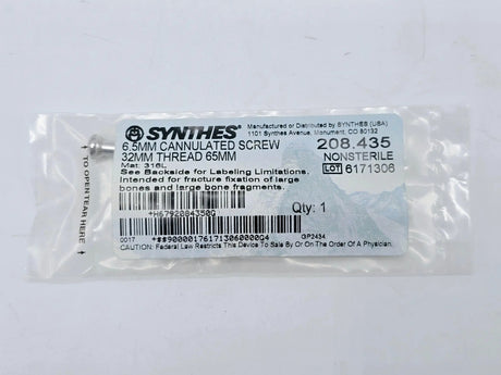 Synthes 208.435 6.5mm Cannulated Screw 32mm Thread 65mm Synthes