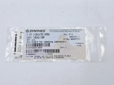 Synthes 202.610 3.0mm Cannulated Screw Short Thread/10mm Synthes