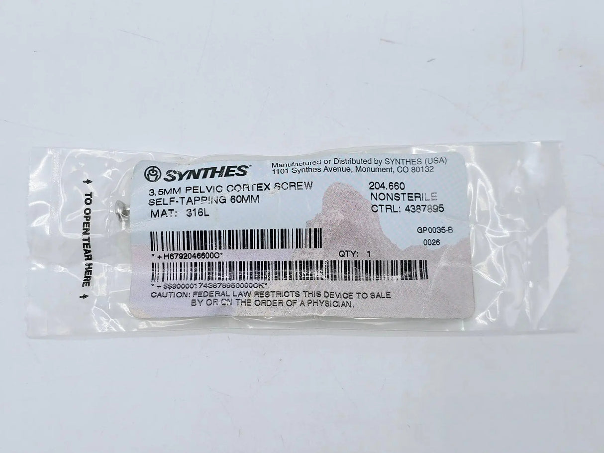 Synthes 204.660 3.5mm Pelvic Cortex Screw Self-Tapping 60mm Synthes