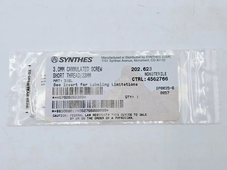 Synthes 202.623 3.0mm Cannulated Screw Short Thread/23mm Synthes
