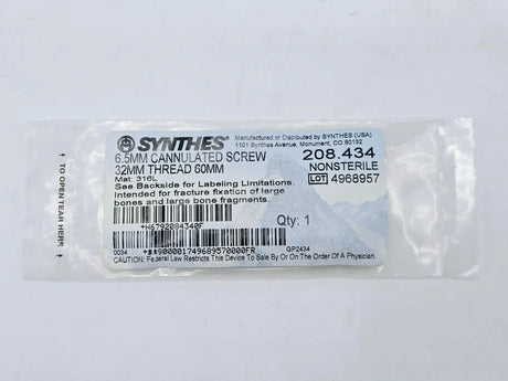 Synthes 208.434 6.5mm Cannulated Screw 32mm Thread 60mm Synthes