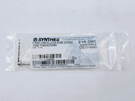 Synthes 216.090 6.5mm Cancellous Bone Screw 16mm Thread/90mm Synthes