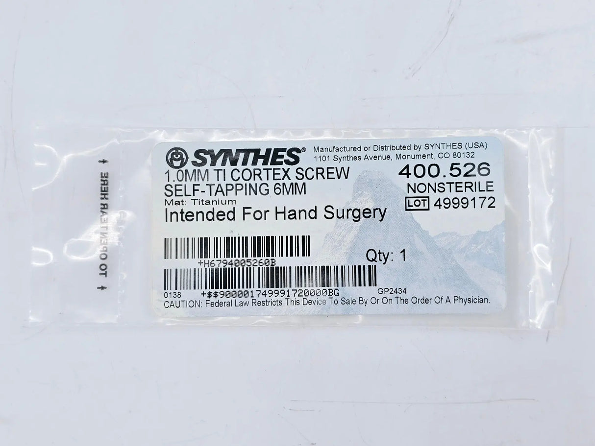 Synthes 400.526 1.0mm TI Cortex Screw Self-Tapping 6mm Synthes