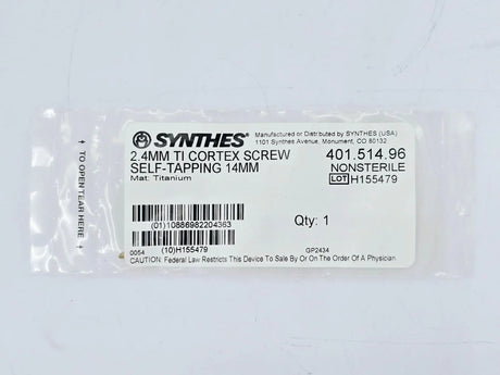 Synthes 401.514.96 2.4mm TI Cortex Screw Self-Tapping 14mm Synthes
