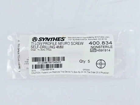 Synthes 400.834 TI Low Profile Neuro Screw Self-Drilling 4mm Pack of 5 Synthes