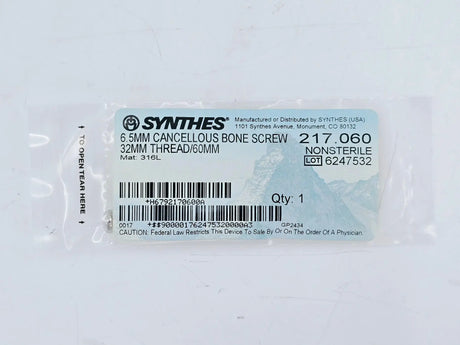 Synthes 217.060 6.5mm Cancellous Bone Screw 32mm Thread/60mm Synthes