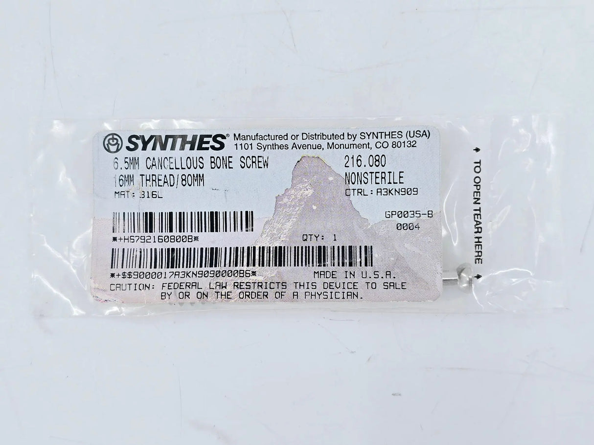 Synthes 216.080 6.5mm Cancellous Bone Screw 16mm Thread/80mm Synthes