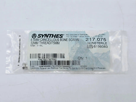 Synthes 217.075 6.5mm Cancellous Bone Screw 32mm Thread/75mm Synthes