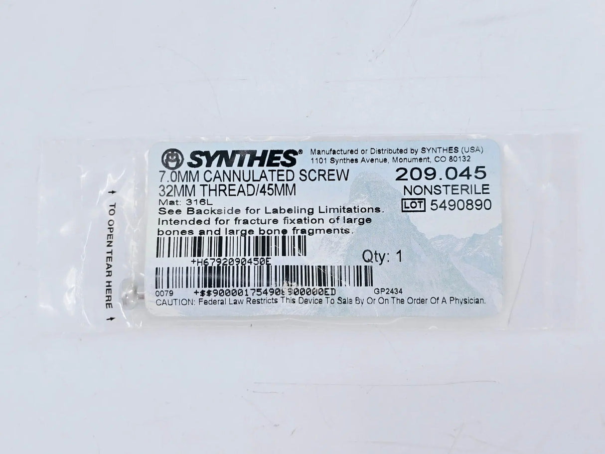 Synthes 209.045 7.0mm Cannulated Screw 32mm Thread/45mm Synthes