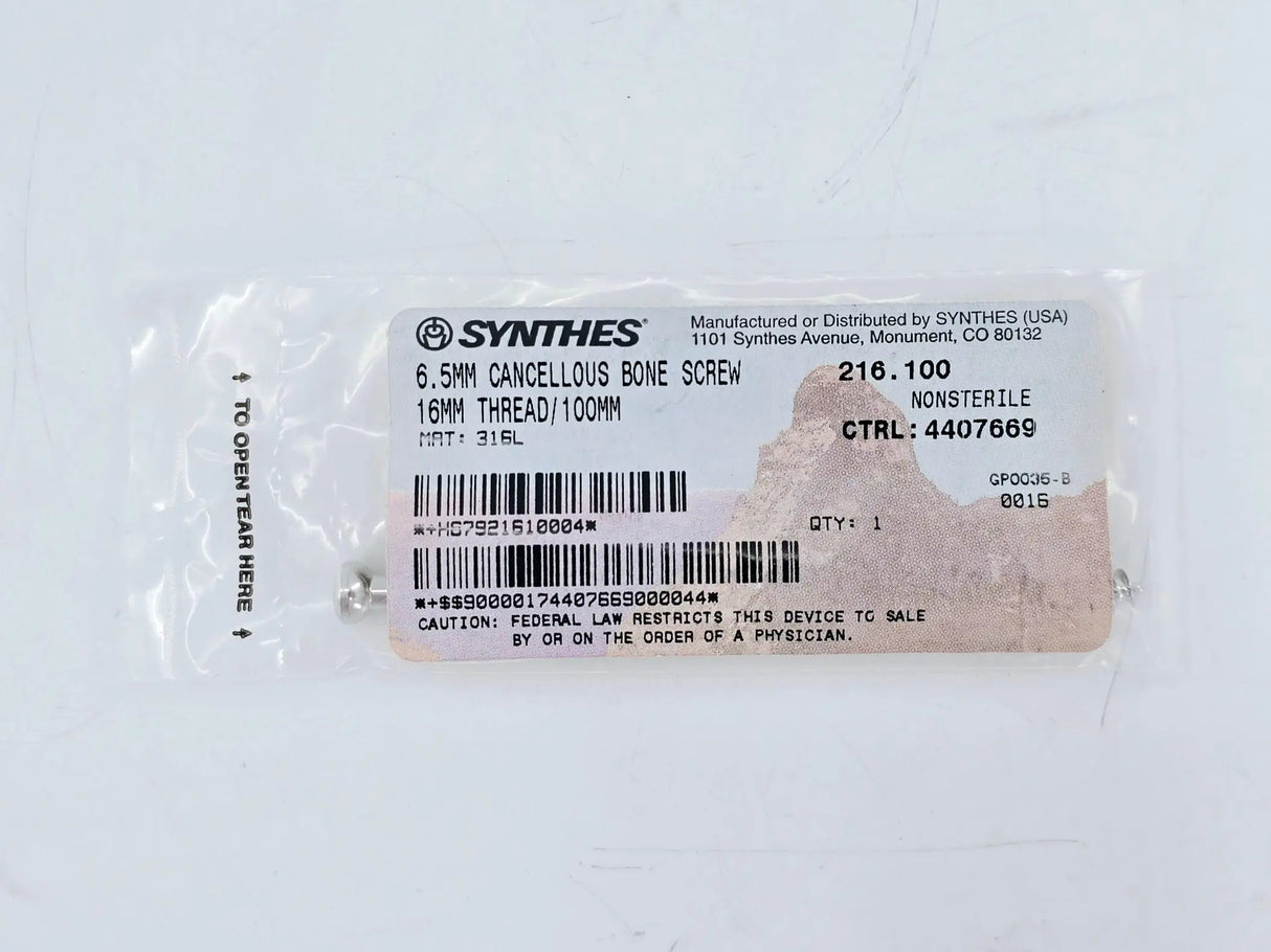 Synthes 216.100 6.5mm Cancellous Screw 16mm Thread/100mm Synthes