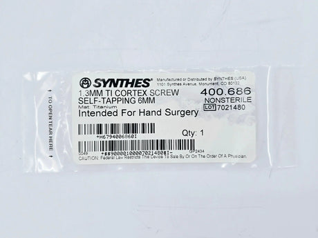 Synthes 400.686 1.3mm TI Cortex Screw Self-Tapping 6mm Synthes