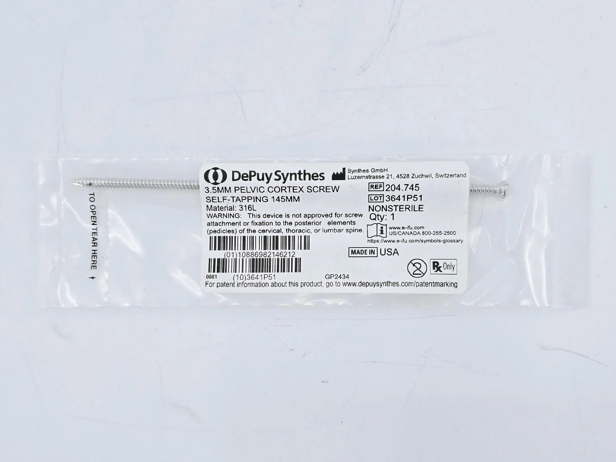 Synthes 204.745 3.5mm Pelvic Cortex Screw Self-Tapping 145mm Synthes